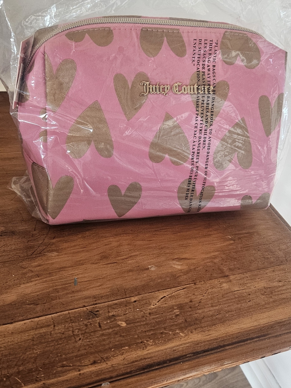 Juicy Couture Pink and Gold Heart Cosmetic Bag in Pink & Brown